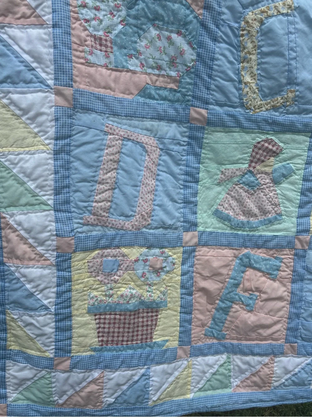 Handmade Pastel Alphabet Baby Quilt - Blue, Pink, Mint, Cream